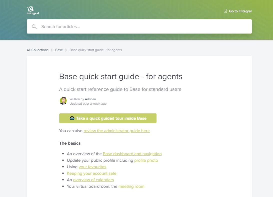 The Entegral help centre showing the Base quick start guide for agents